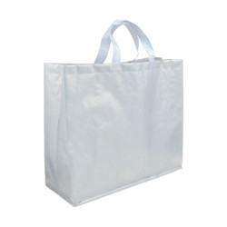 Shopper avec soufflet en PP laminé opaque 120g/m2, anses courtes en ruban Couleur:Blanc