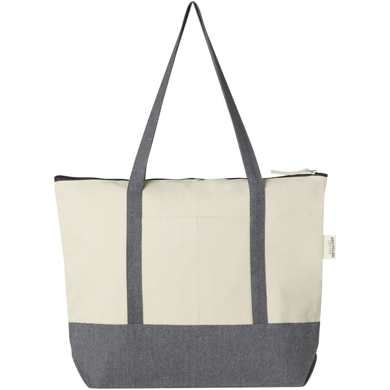 Sac shopping à fermeture éclair 10 L en coton recyclé 320 g/m² ReposeCouleur:Naturel et gris