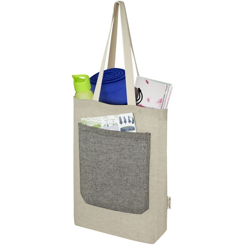 Sac shopping Pheebs en coton recyclé 150 g/m² de 9 l avec poche avantCouleur:Naturel et noir chiné