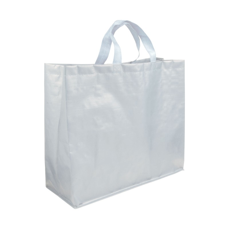 Shopper avec soufflet en PP laminé opaque 120g/m2, anses courtes en rubanCouleur:Blanc